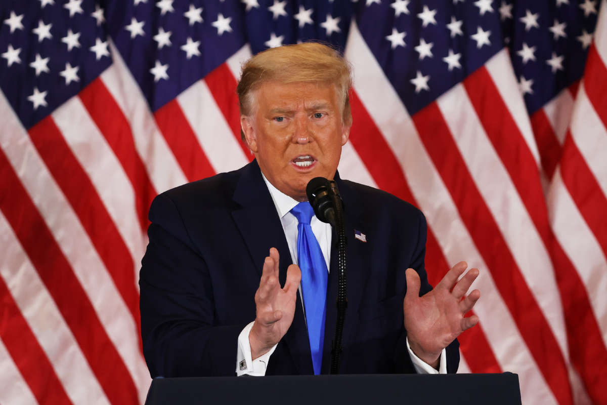 President Trump speaks on election night in the East Room of the White House in the early morning hours of November 4, 2020, in Washington, D.C.