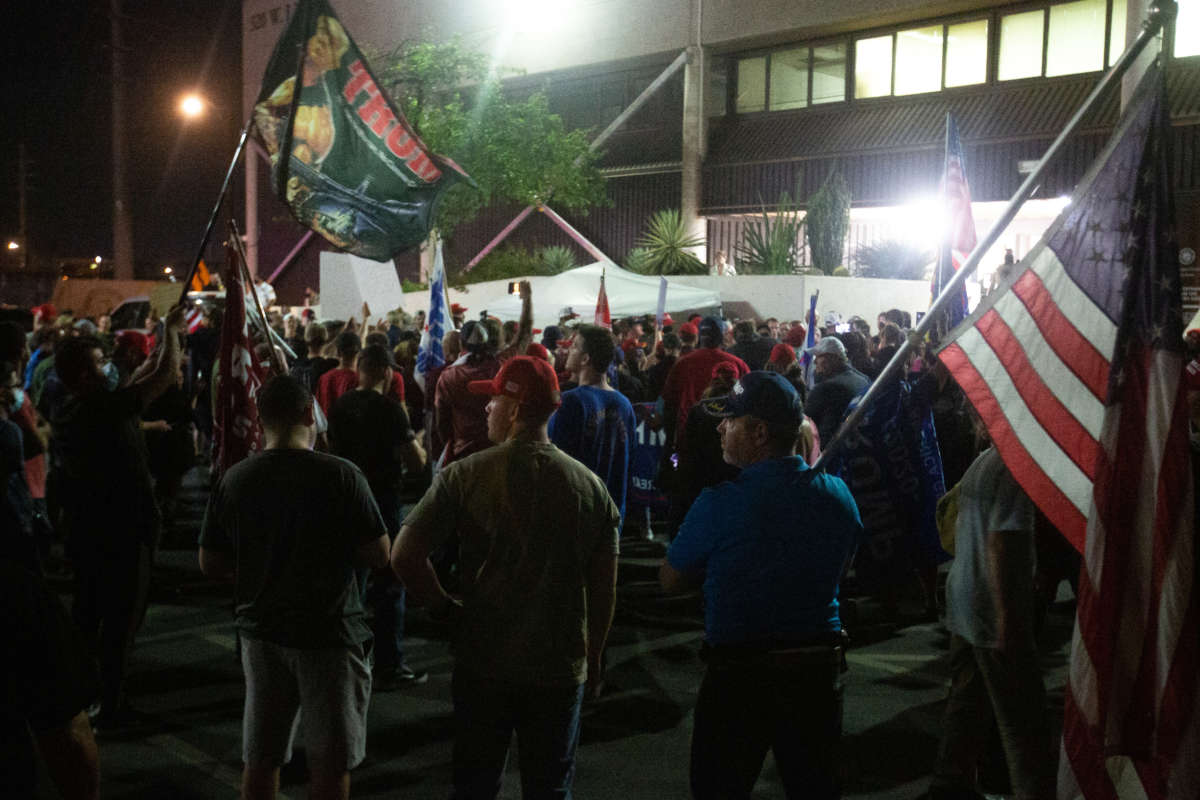 Supporters of President Trump gather to protest the election results at the Maricopa County Elections Department office on November 4, 2020, in Phoenix, Arizona.