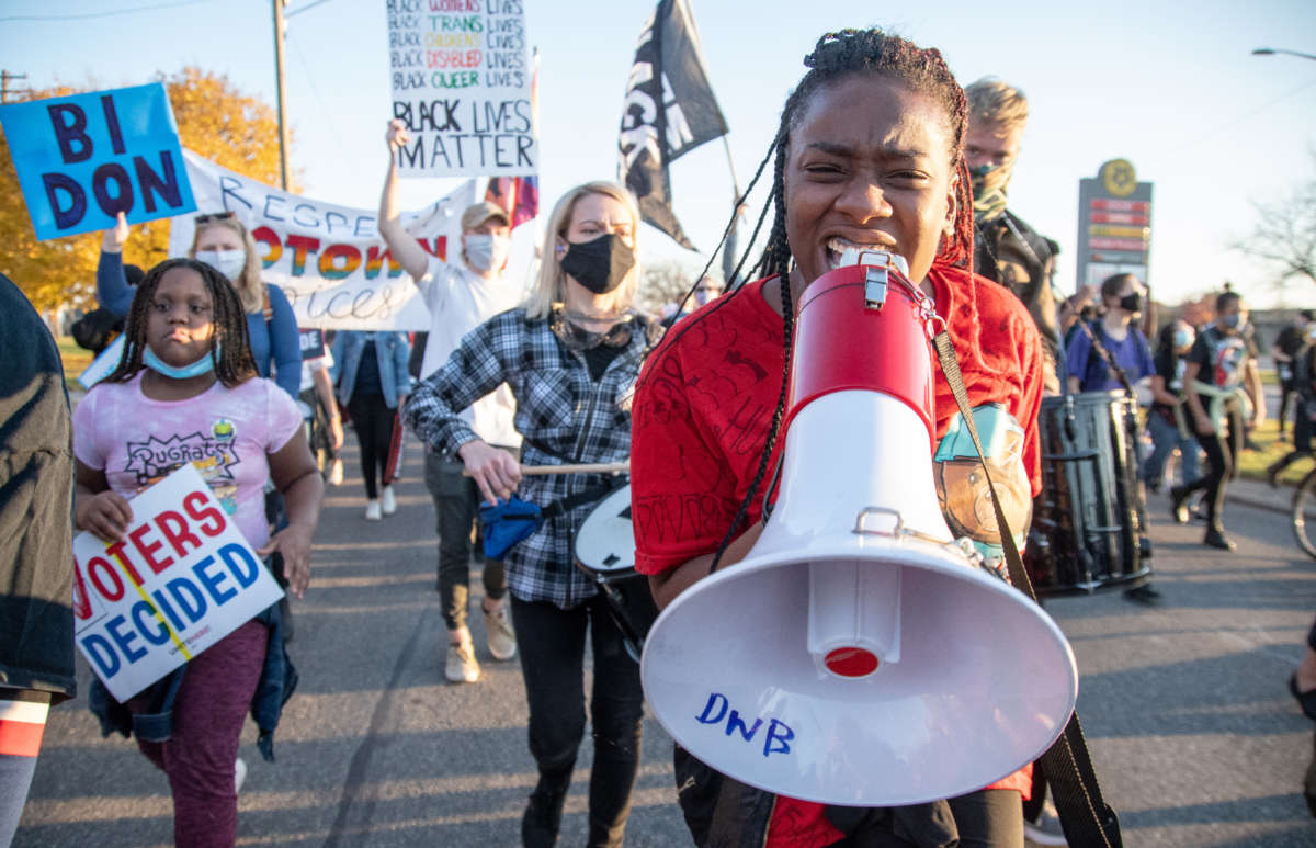 Detroit activists march through the city on November 7, 2020.