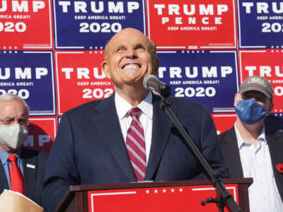 Attorney for the President, Rudy Giuliani, speaks at a news conference in the parking lot of a landscaping company on November 7, 2020, in Philadelphia.
