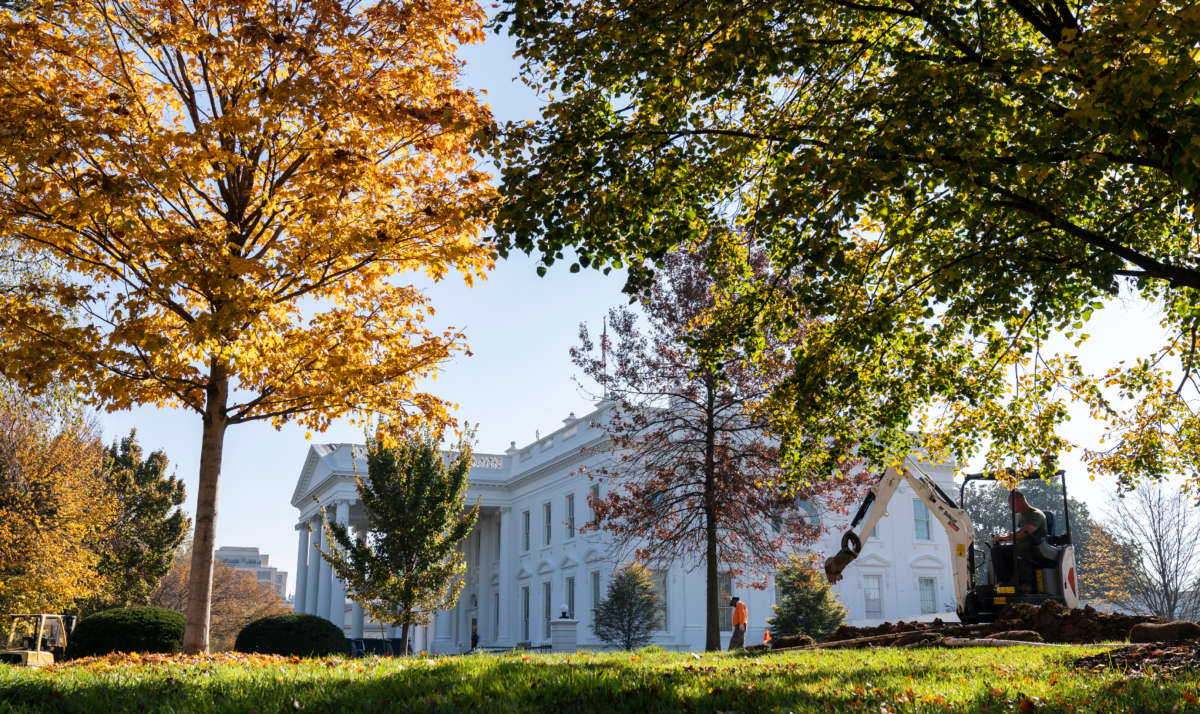 Grounds keepers work on the North Lawn of the White House on November 9, 2020, in Washington, D.C.