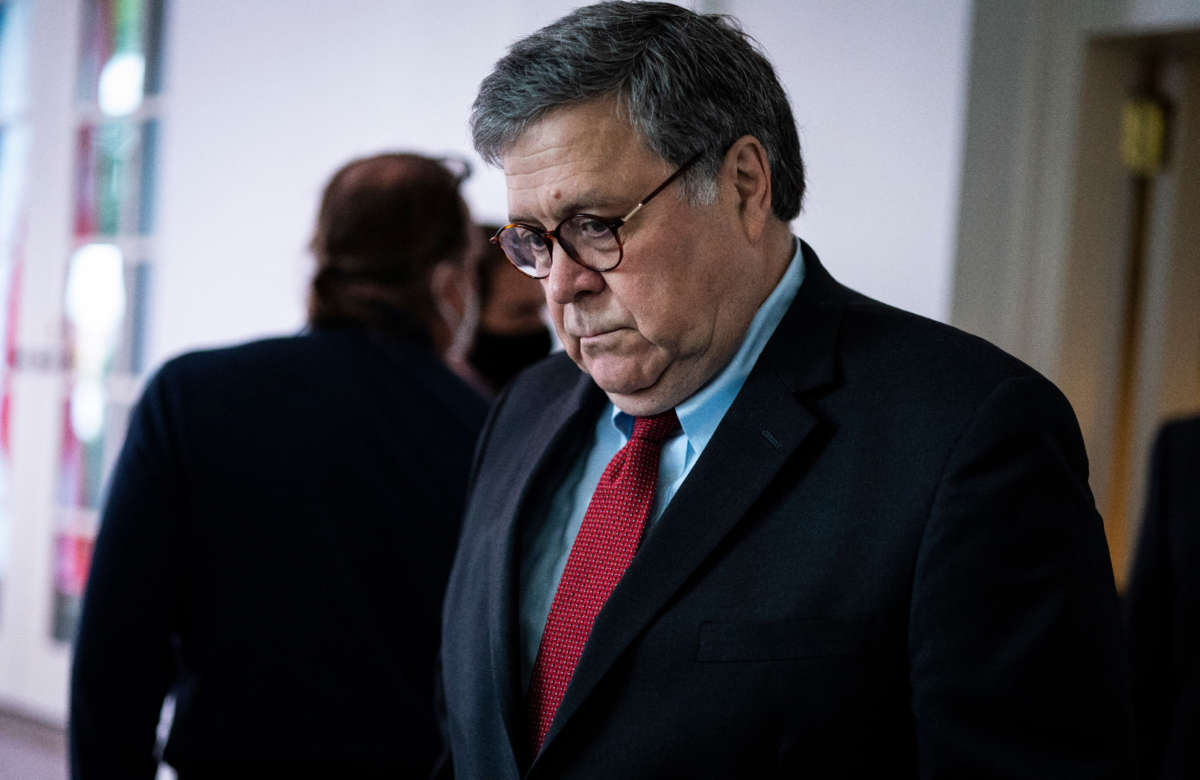 Attorney General William Barr arrives at the Rose Garden at the White House on September 26, 2020, in Washington, D.C.