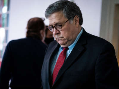 Attorney General William Barr arrives at the Rose Garden at the White House on September 26, 2020, in Washington, D.C.