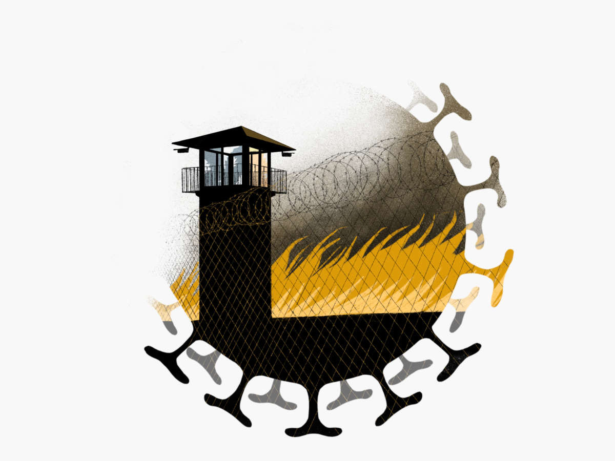 An illustration of lames burning behind a prison watchtower. A covid motif is in the background.