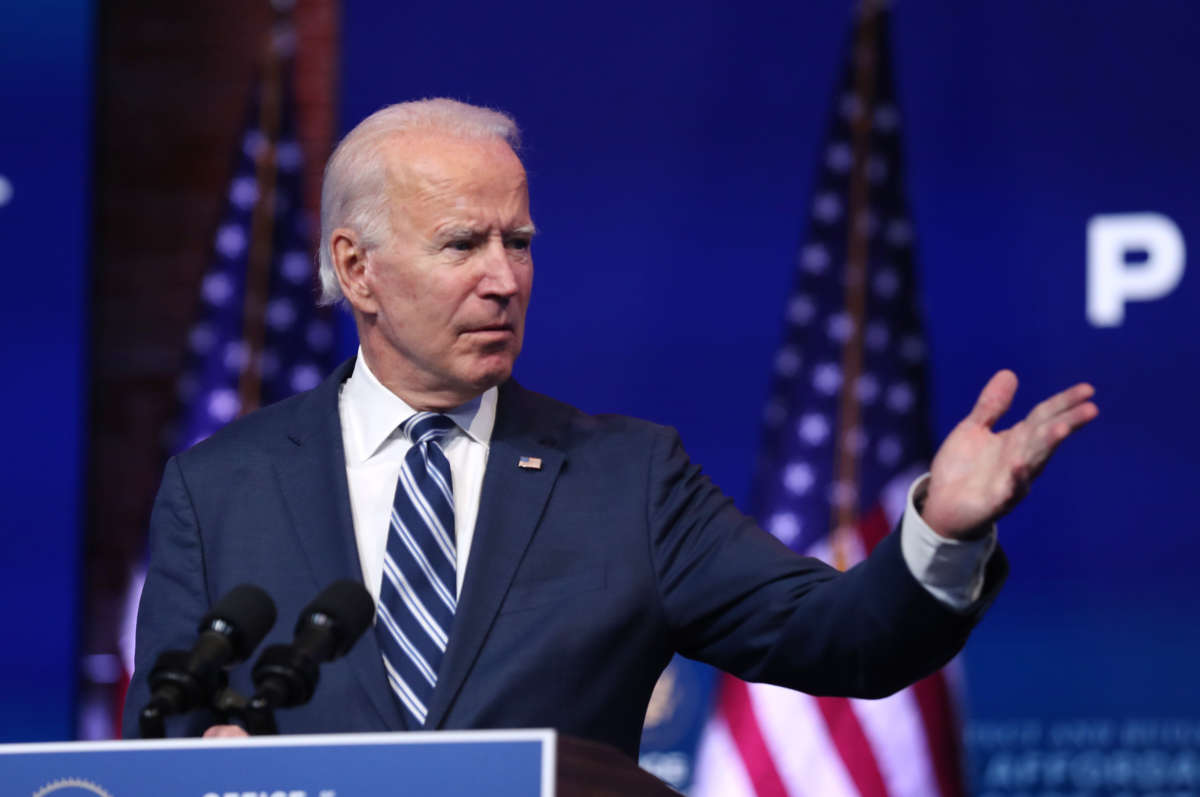 President-elect Joe Biden addresses the media about the Trump Administration’s lawsuit to overturn the Affordable Care Act on November 10, 2020, at the Queen Theater in Wilmington, Delaware.