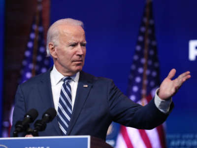 President-elect Joe Biden addresses the media about the Trump Administration’s lawsuit to overturn the Affordable Care Act on November 10, 2020, at the Queen Theater in Wilmington, Delaware.