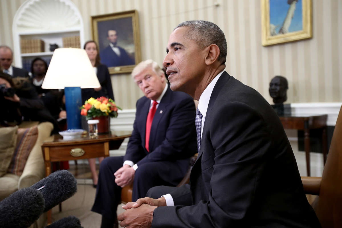 President-elect Trump listens as President Obama speaks during a meeting in the Oval Office, November 10, 2016, in Washington, D.C.