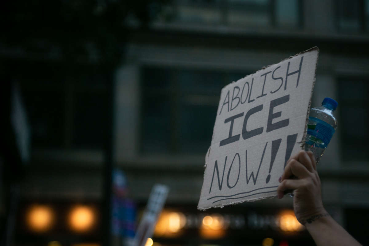 Demonstrators march through downtown calling for the abolition of the U.S. Immigration and Customs Enforcement (ICE) on September 2, 2020, in New York, New York.