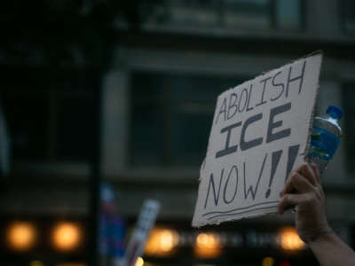 Demonstrators march through downtown calling for the abolition of the U.S. Immigration and Customs Enforcement (ICE) on September 2, 2020, in New York, New York.