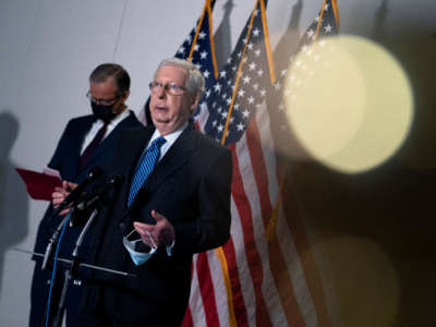 Senate Majority Leader Mitch McConnell speaks during a news conference on Capitol Hill on October 20, 2020, in Washington, D.C.