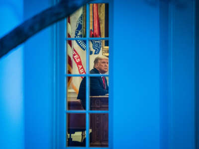 Donald Trump is seen through the windows of the white house