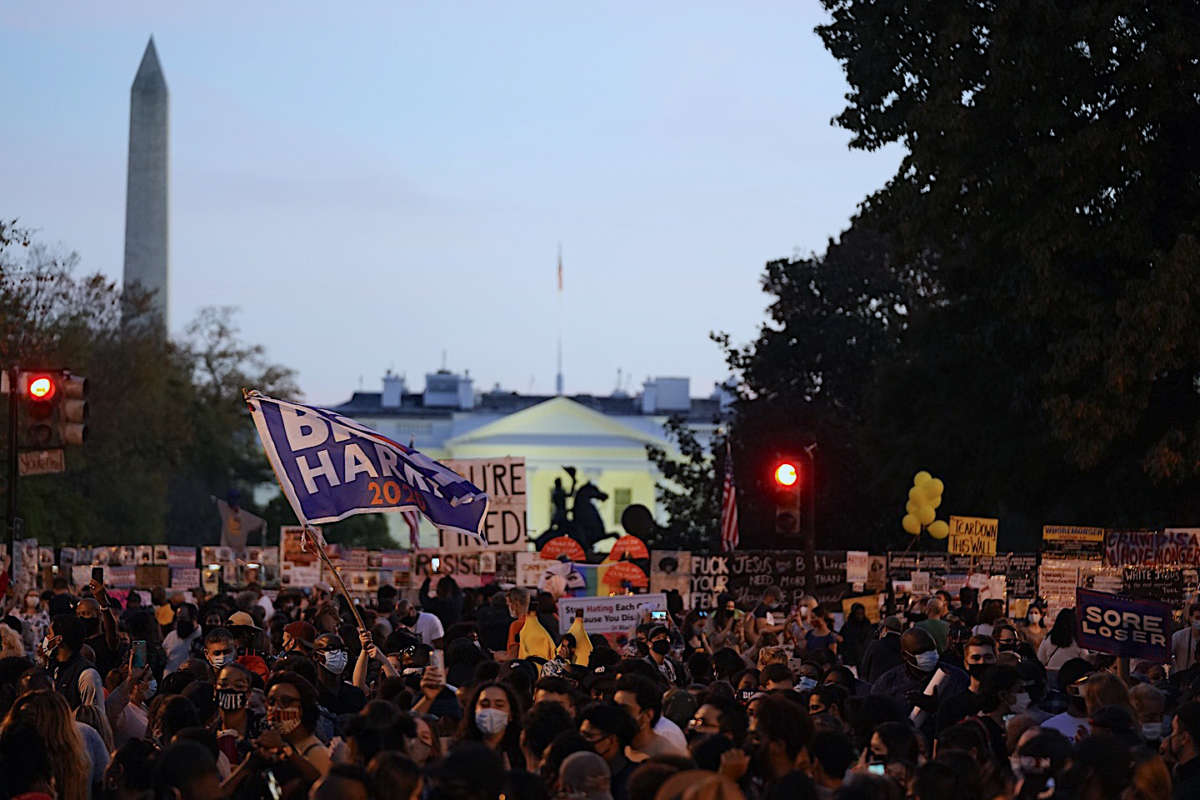 A huge crowd gathers outside the white house to celebrate donald trump's loss
