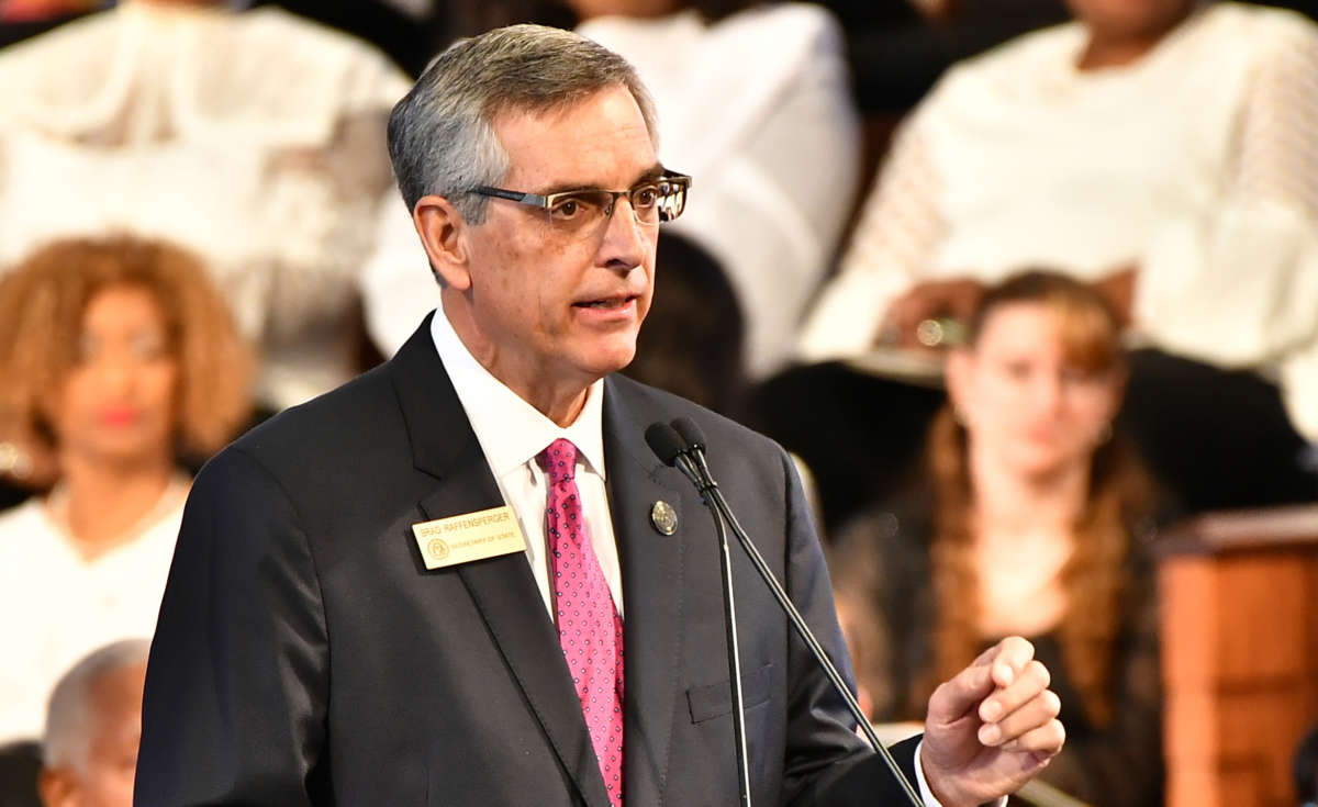 Brad Raffensperger, Georgia Secretary of State, speaks onstage at Ebenezer Baptist Church on January 20, 2020, in Atlanta, Georgia.