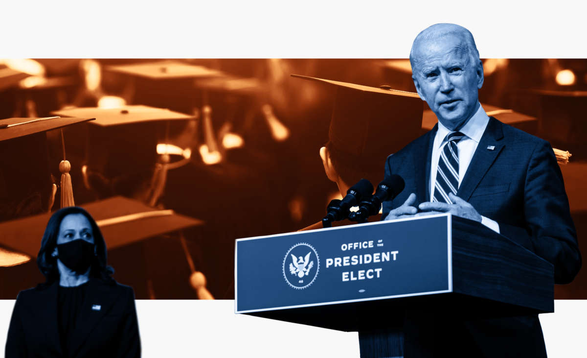 A photo illustration Joe Biden and Kamala Harris standing in front of a cropped photo of students at their graduation