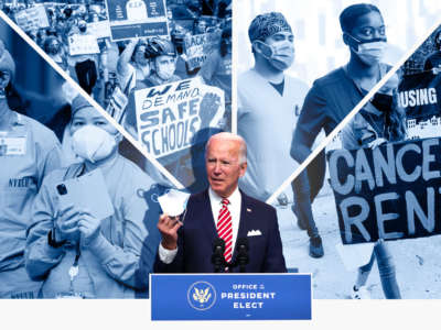 A photo collage of Joe Biden standing in front of images from the pandemic: masked medical professionals, and protesters begging for aid