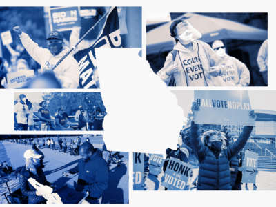 A photo collage of Georgia, set among photos of voter organizing and rallies