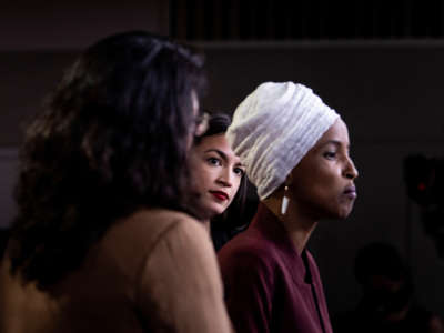 Rep. Ilhan Omar speaks as Reps. Alexandria Ocasio-Cortez and Rashida Tlaib look on during a press conference at the U.S. Capitol in Washington, D.C., on July 15, 2019.