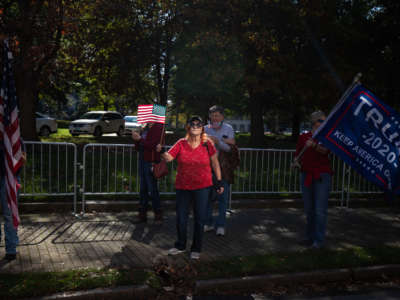 A woman waves a tiny us flag during a protest against nonexistent election theft