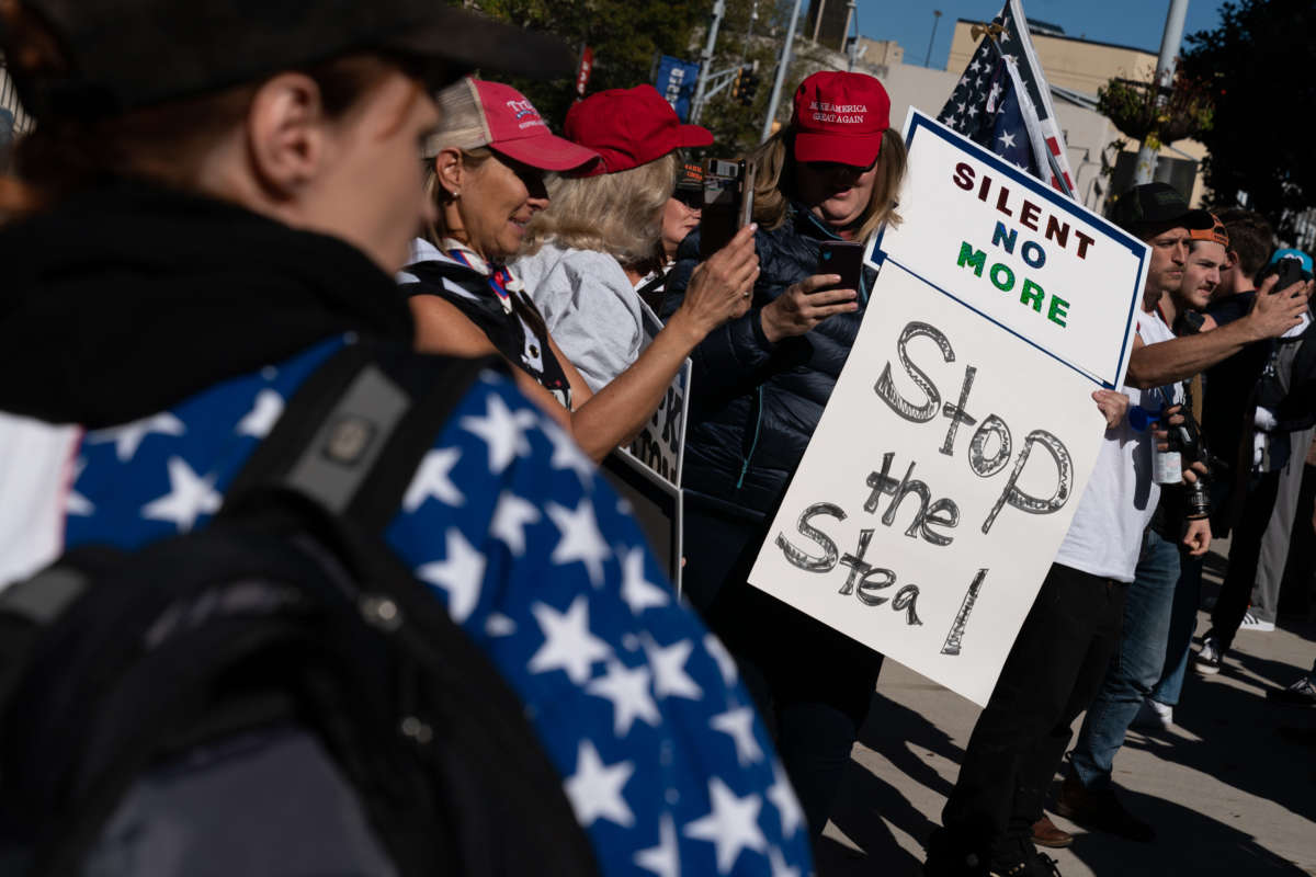 Pro-Trump protesters attend a "Stop the Steal" rally against the results of the 2020 presidential election outside the Georgia State Capitol on November 18, 2020, in Atlanta, Georgia.