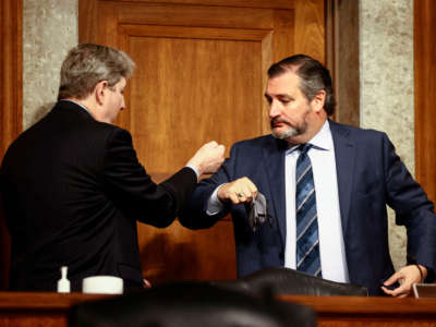 Sen. John Kennedy and Sen. Ted Cruz share an elbow bump greeting at a Senate Judiciary Committee hearing on Capitol Hill in Washington, D.C., on November 17, 2020.