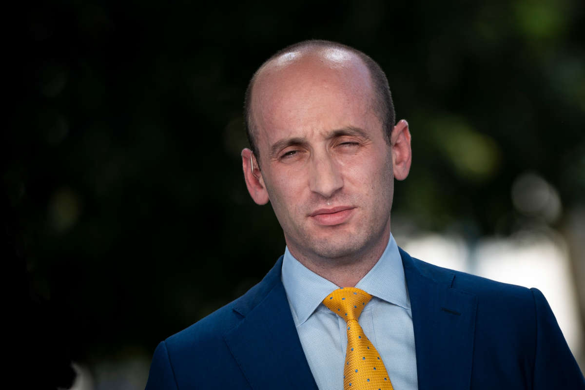 White House Advisor Stephen Miller does a television interview outside of the White House on July 15, 2020, in Washington, D.C.