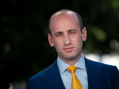White House Advisor Stephen Miller does a television interview outside of the White House on July 15, 2020, in Washington, D.C.