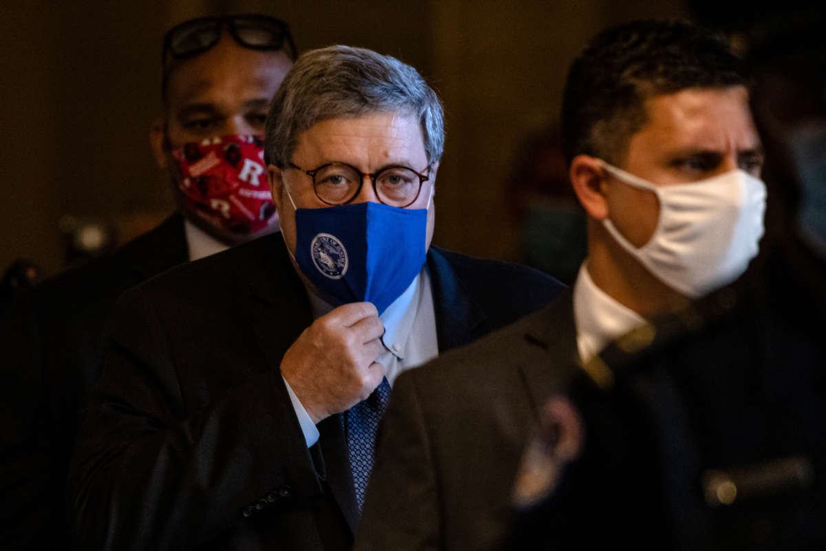 Attorney General William Barr leaves the U.S. Capitol on November 9, 2020, in Washington, D.C.