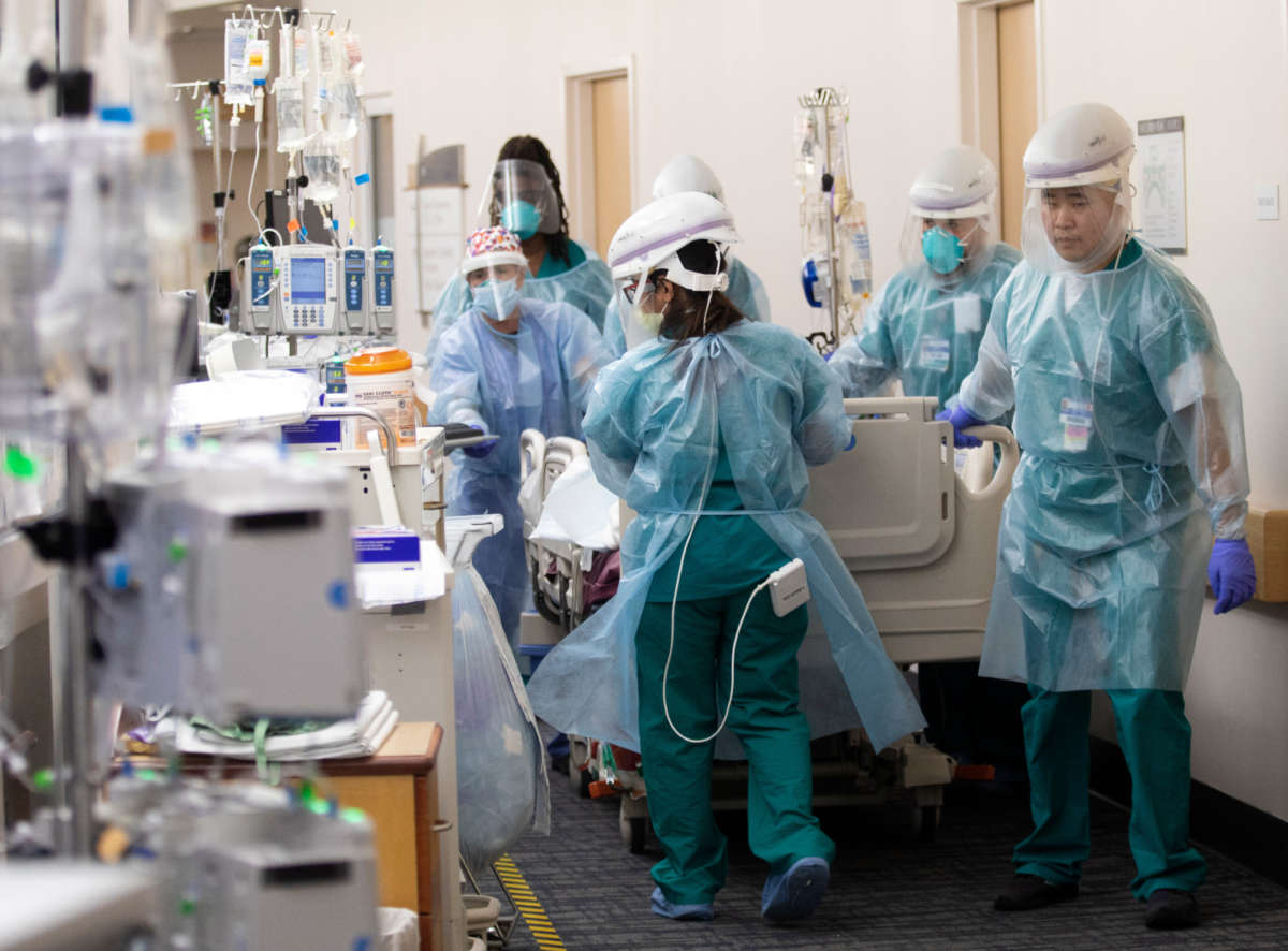 A patient is rushed to ICU to be intubated and placed on a ventilator inside Providence Saint Johns Health Center on December 15, 2020, in Santa Monica, California.