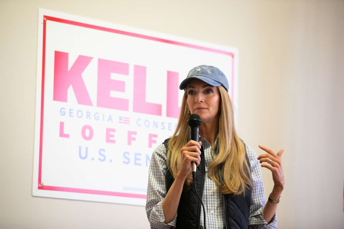 Sen. Kelly Loeffler makes a campaign stop at the Houston County Republican Party Campaign Headquarters on December 13, 2020, in Warner Robins, Georgia.