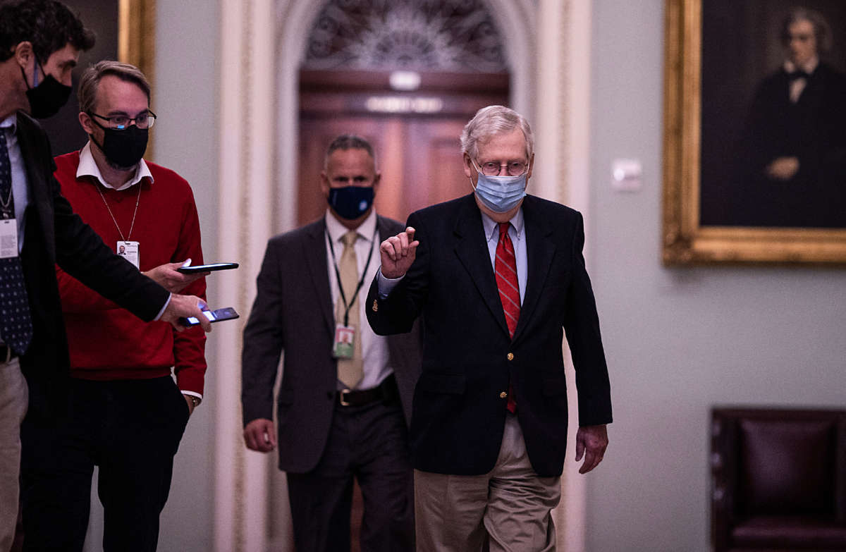 Senate Majority Leader Mitch McConnell arrives on Capitol Hill on December 20, 2020, in Washington, D.C.