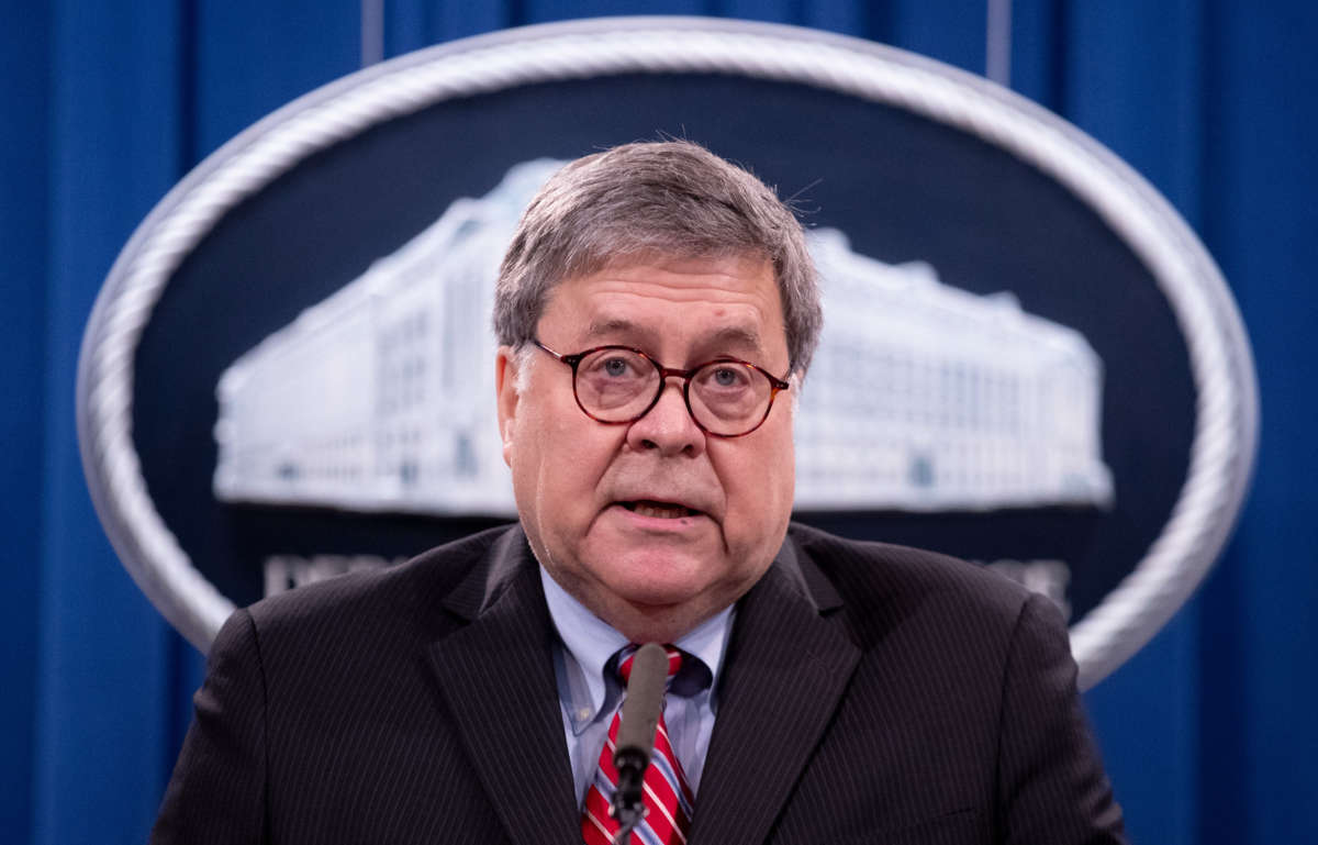 Attorney General Bill Barr holds a news conference at the Department of Justice on December 21, 2020, in Washington, D.C.