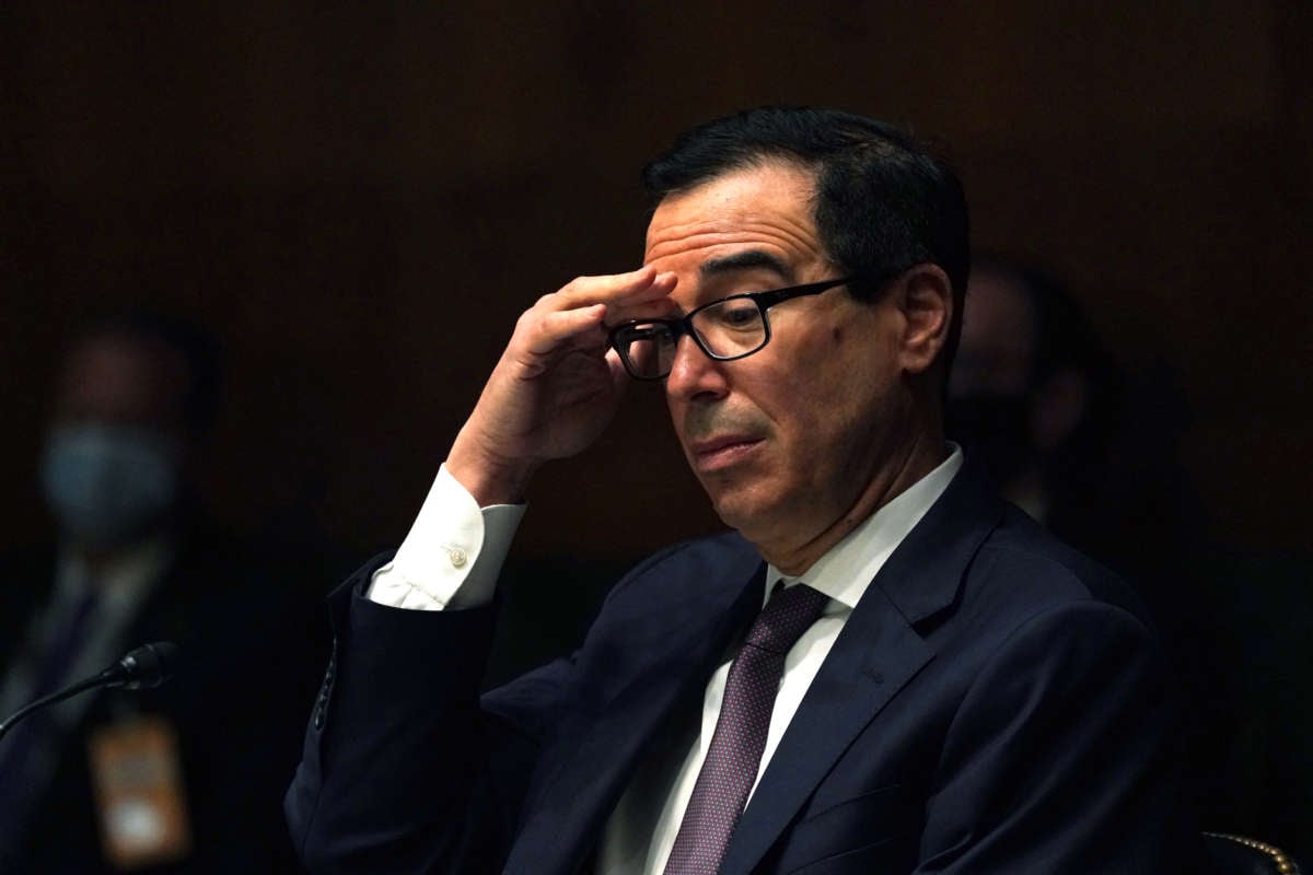 Steven T. Mnuchin, Secretary, Department of the Treasury during the Senate's Committee on Banking, Housing, and Urban Affairs hearing examining the quarterly CARES Act report to Congress on September 24, 2020, in Washington, D.C.