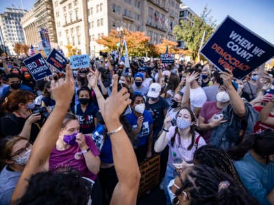 Thousands gather at Black Lives Matter Plaza near the White House to celebrate news that the former Vice President, Democratic candidate Joe Biden will be the 46th President of the United States on November 7, 2020, in Washington, D.C.