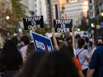 Thousands gather at Black Lives Matter Plaza near the White House to celebrate the announcement that Democratic presidential nominee Joe Biden will be the 46th President of the United States on November 7, 2020, in Washington, D.C.