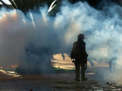 Demonstrators and police clashed during the 21N commemorative demonstrations against the government of president Ivan Duque at Universidad Nacional de Colombia on November 21 2020, in Bogota, Colombia.