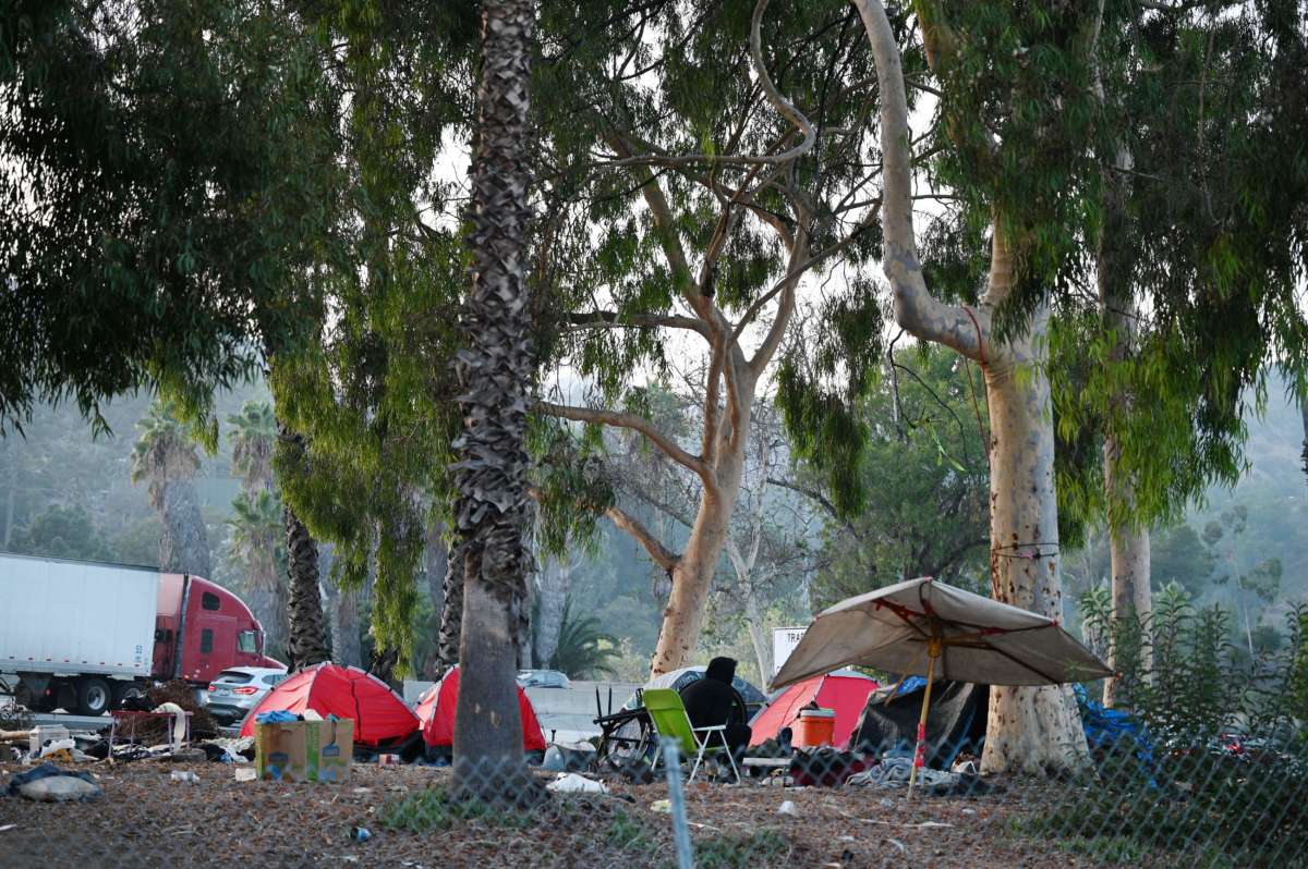 A homeless encampment is seen along a freeway in Hollywood, California, on November 23, 2020.