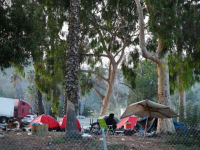 A homeless encampment is seen along a freeway in Hollywood, California, on November 23, 2020.