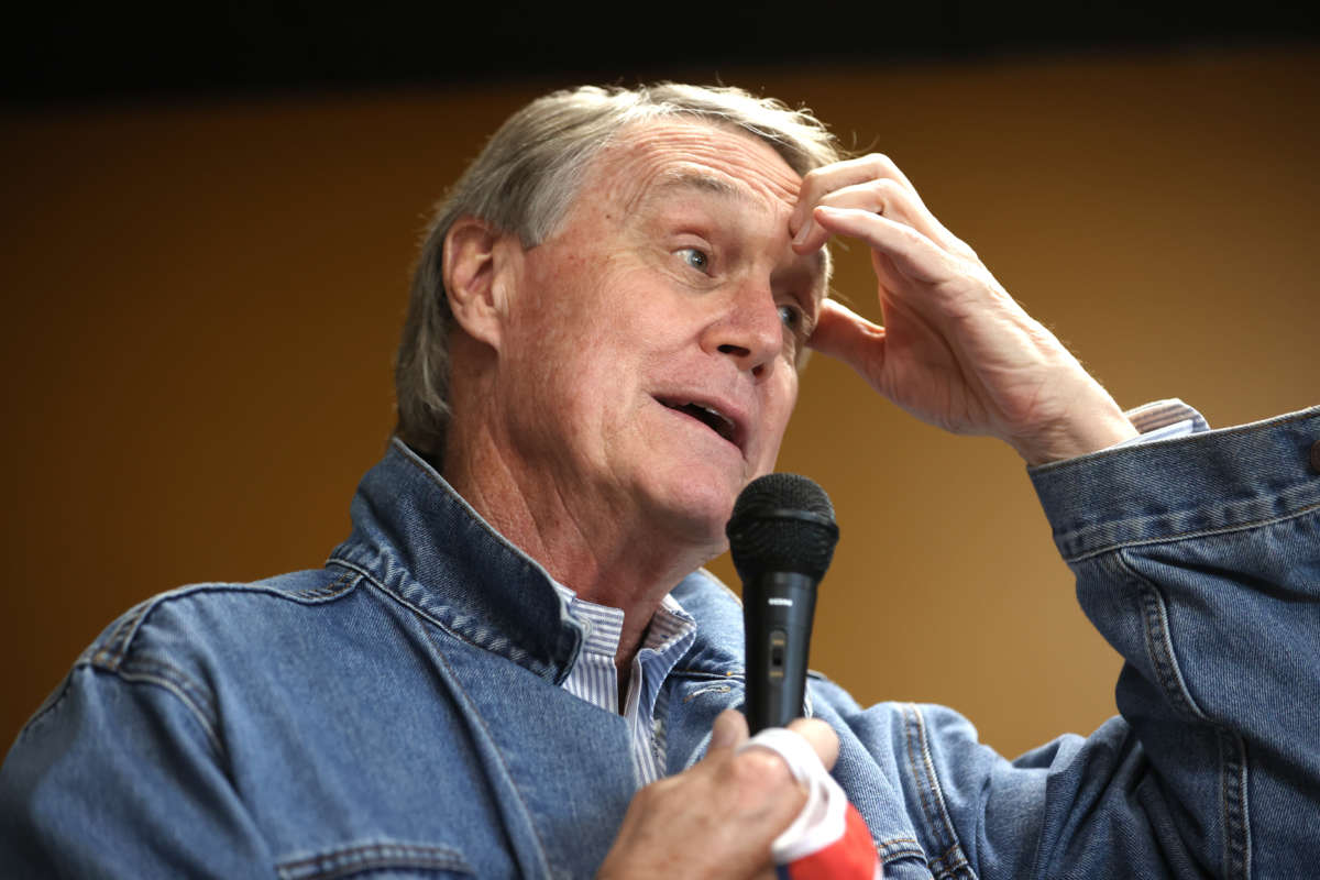 Sen. David Perdue speaks during a campaign event at Pot Luck Cafe on October 31, 2020, in Monroe, Georgia.