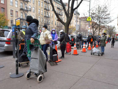 A view of the line as Food Bank For New York City distributes Thanksgiving meals to go at Community Kitchen & Food Pantry on November 25, 2020, in New York City.