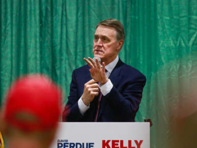 Sen. David Perdue speaks at the Save Our Majority Rally on November 19, 2020 in Perry, Georgia.