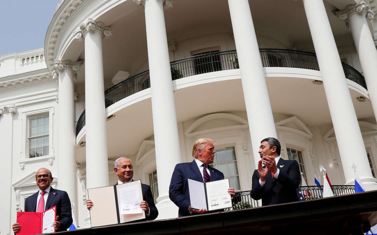 From left: Foreign Affairs Minister of Bahrain Abdullatif bin Rashid Al Zayani, Prime Minister of Israel Benjamin Netanyahu, President Trump, and Foreign Affairs Minister of the United Arab Emirates Abdullah bin Zayed bin Sultan Al Nahyan participate in the signing ceremony of the Abraham Accords on the South Lawn of the White House on September 15, 2020, in Washington, D.C.