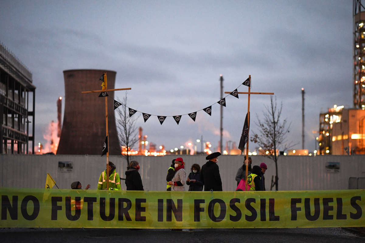 Protesters block an entrance to Ineos plant on Bo’Ness Road on on October 23, 2020, in Grangemouth, Scotland.