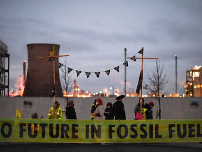 Protesters block an entrance to Ineos plant on Bo’Ness Road on on October 23, 2020, in Grangemouth, Scotland.