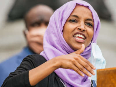 Rep. Ilhan Omar speaks during a press conference on July 7, 2020, in St. Paul, Minnesota.