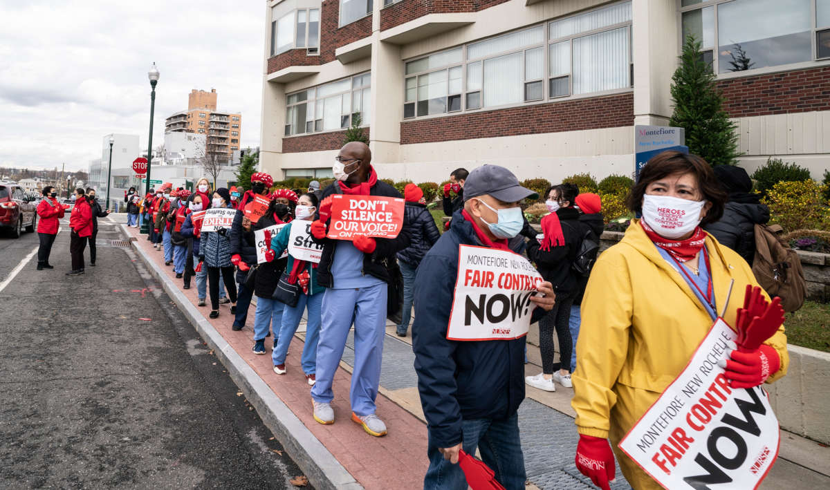 Nurses of Montefiore New Rochelle Hospital are seen on strike after contract negotiations ended with no agreement in New Rochelle, New York, on December 1, 2020.