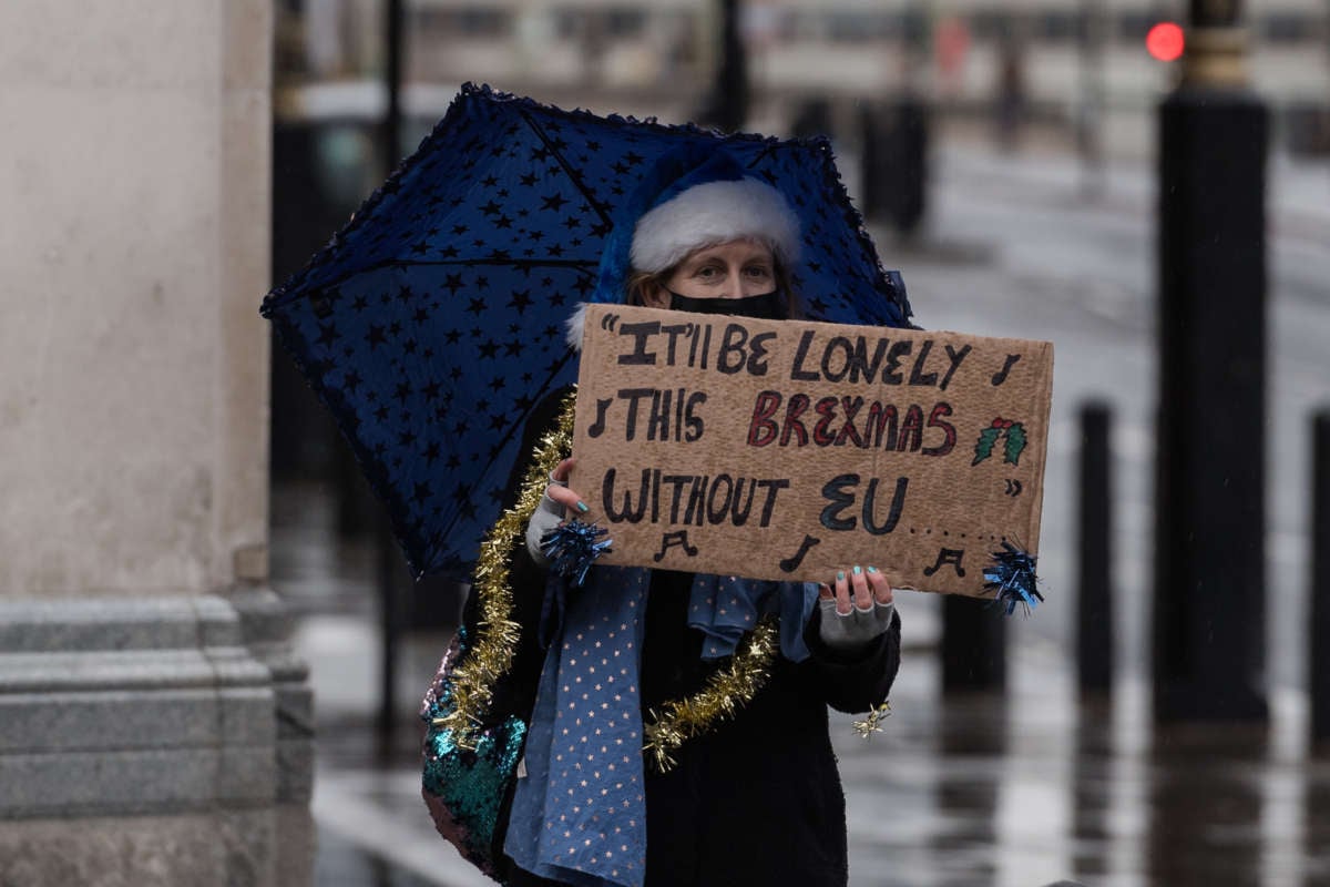 A masked woman holds a sign reading "It'll be lonely this Brexmas without EU"