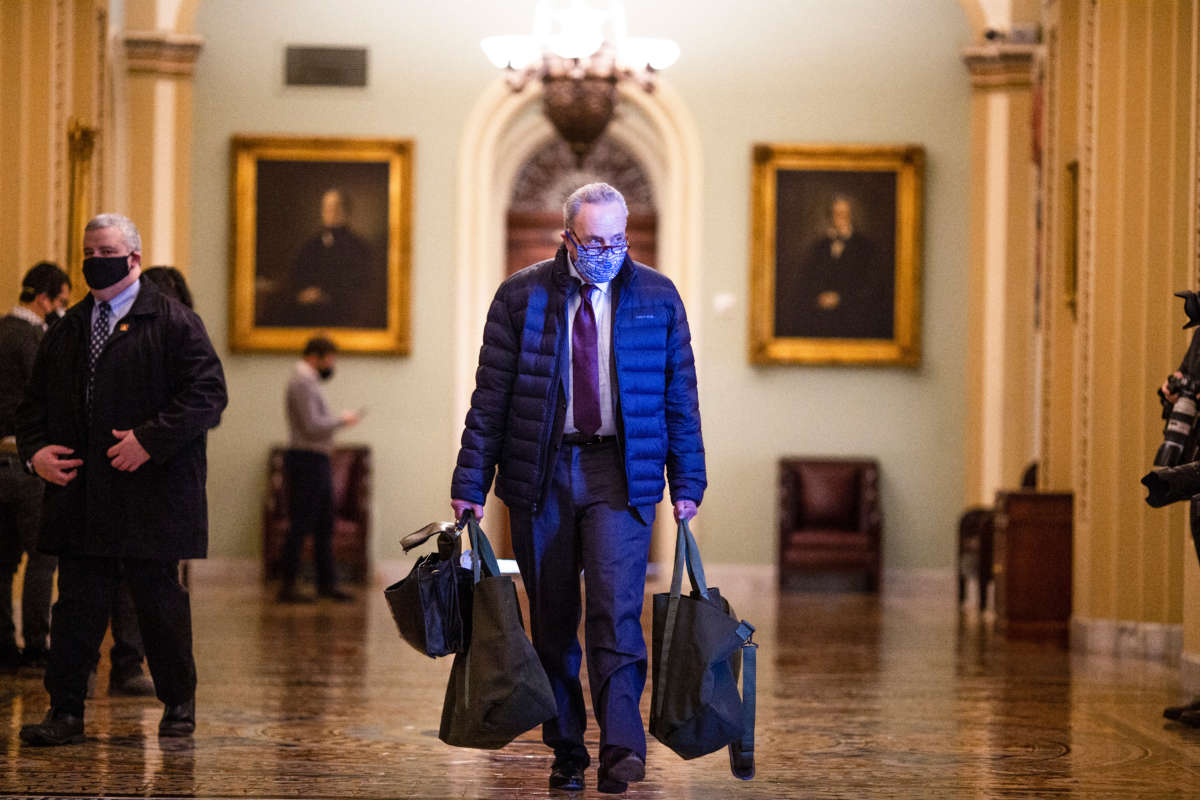 Senate Minority Leader Chuck Schumer arrives on Capitol Hill on December 29, 2020, in Washington, D.C.