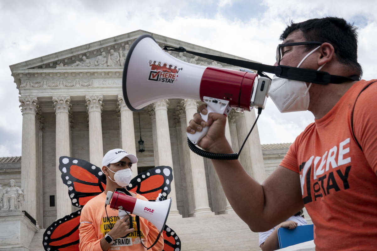 DACA recipients and their supporters rally outside the U.S. Supreme Court on June 18, 2020, in Washington, D.C.