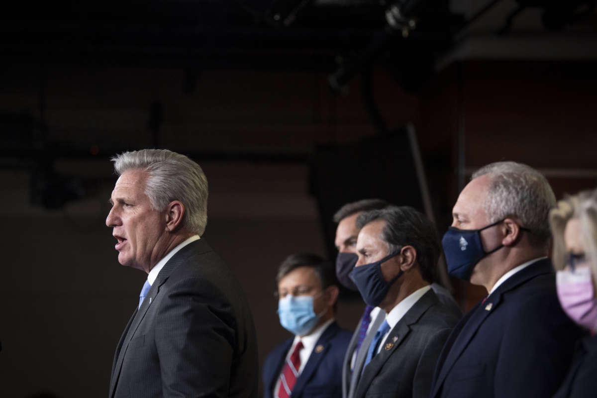 House Minority Leader Kevin McCarthy speaks during a news conference with other House Republican leadership in Washington on November 17, 2020.