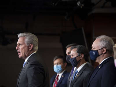 House Minority Leader Kevin McCarthy speaks during a news conference with other House Republican leadership in Washington on November 17, 2020.